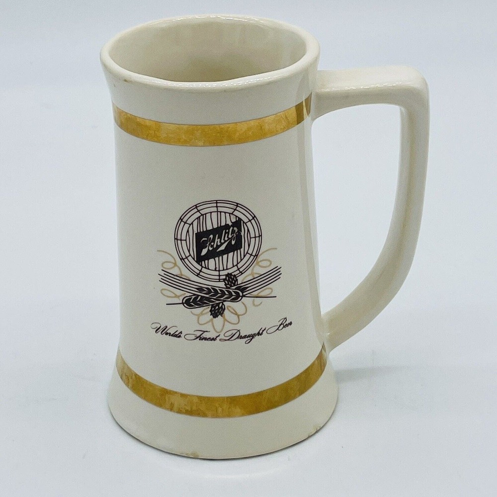 Vintage Schlitz Beer Stein Draught Pabst Breweriana Ceramic White Gold EUC